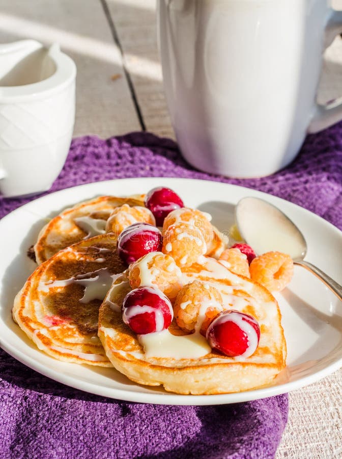 Pancakes with Cherry, Raspberry and Vanilla Sauce Stock Image Image