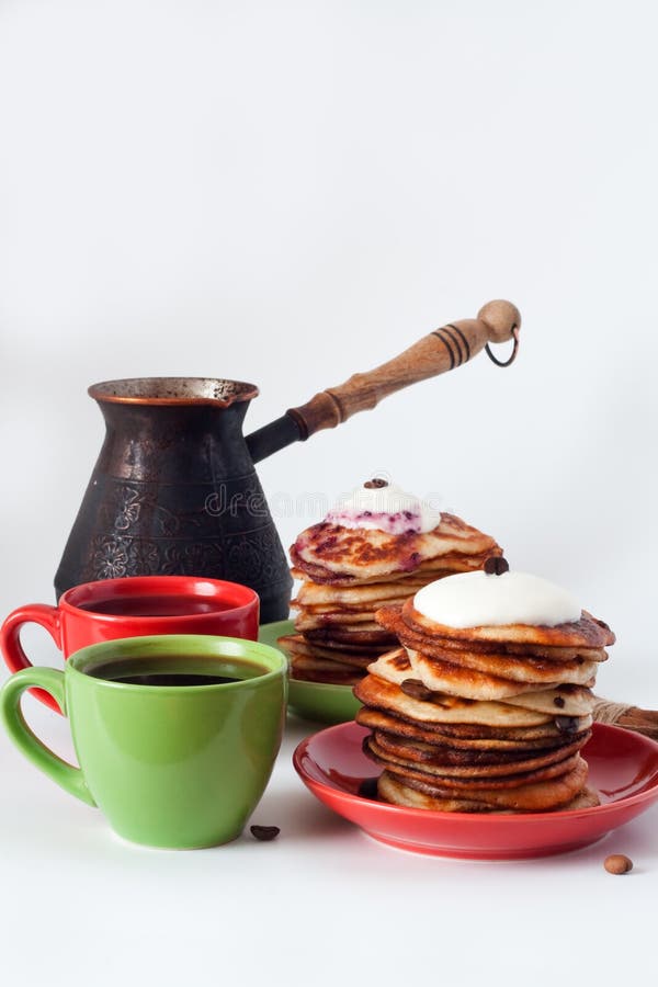 Pancakes and Coffee for Breakfast Stock Photo Image of snack, pots