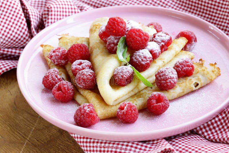 Pancakes (crepes) with Raspberries and Mint Stock Photo Image of