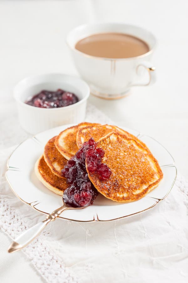 Pancakes with Jam and Coffee on a White Table Stock Image Image of