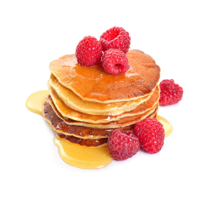 Pancakes with Raspberries and Honey or Maple Syrup. Isolated on White