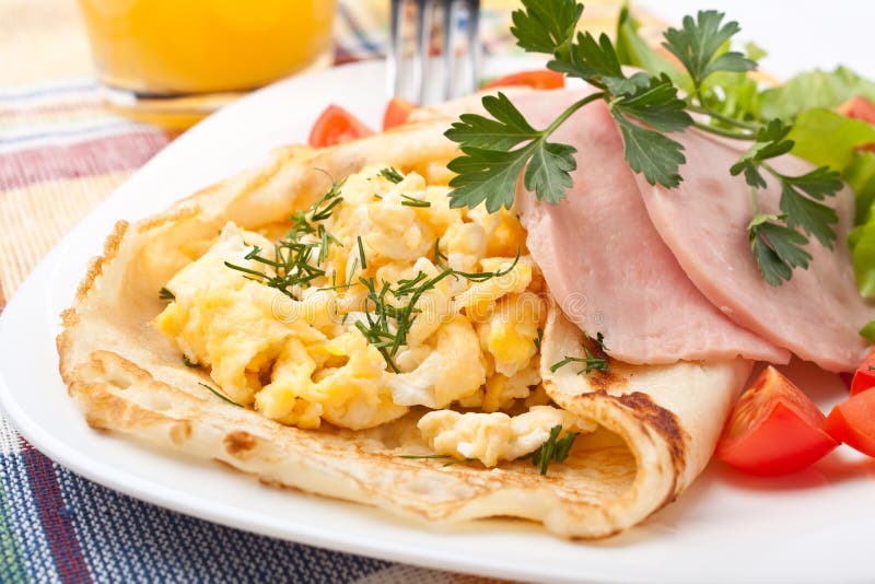 Pancakes with Scrambles Eggs and Ham