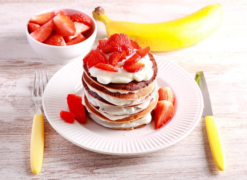 Pancakes with Skyr and Strawberry Stock Image Image of healthy, cakes