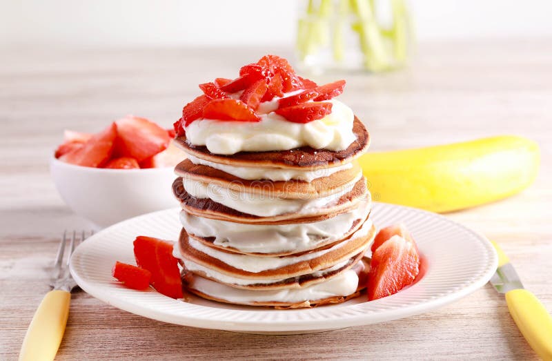 Pancakes with Skyr and Strawberry Stock Image Image of banana