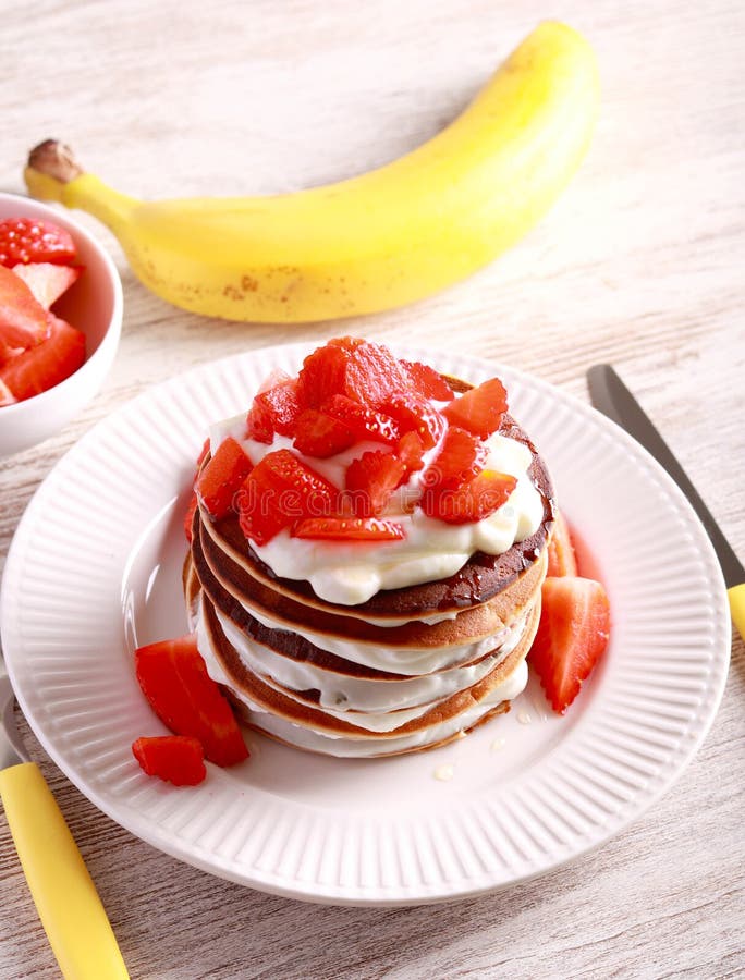 Pancakes with Skyr and Strawberry Stock Image Image of cakes