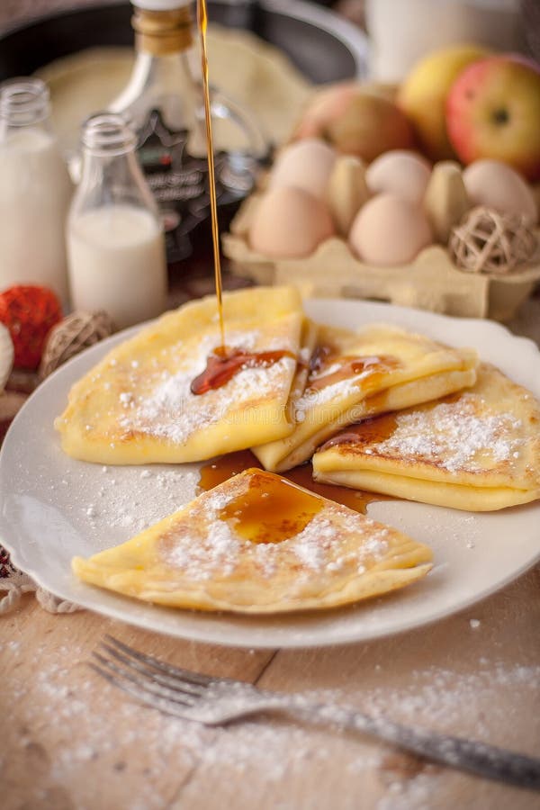 Pancakes in the village stock image. Image of table, fork 62013805