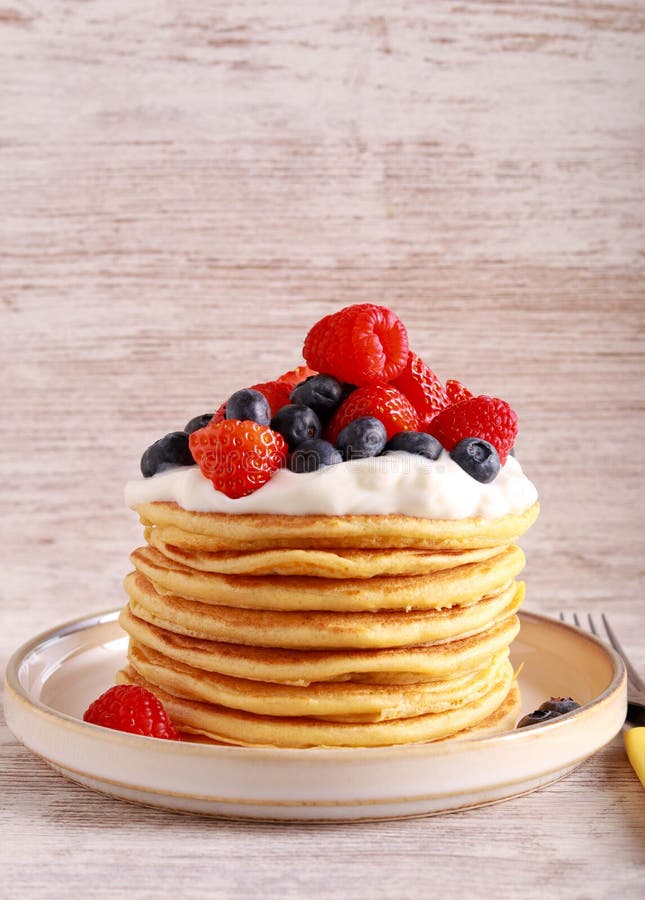 Pancakes with Yogurt and Mix Berry Topping Stock Photo Image of
