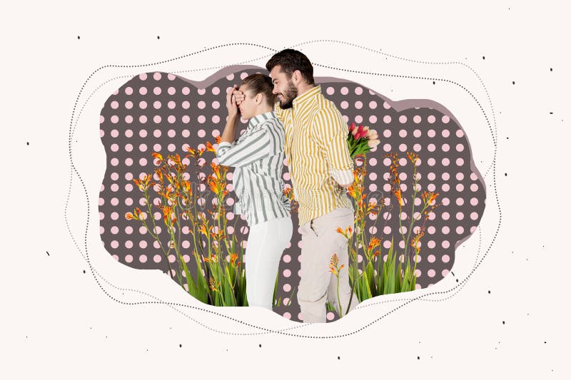 Pancarta de arte exclusivo collage creativo de dos chicas felices stand park wildflower flor primavera temporada de verano caminat imagen de archivo