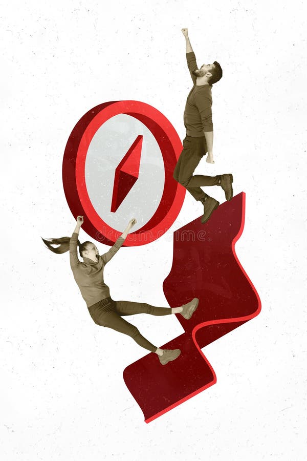 Pancarta de arte de moda boceto 3D collage de jóvenes volando la brújula encontrar la manera en que las mujeres caen en la contrat fotos de archivo libres de regalías