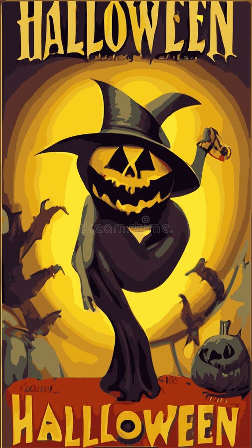  Pancarta De Arte De Papel De Halloween Feliz Con Estilo Vintage Con Siluetas De Dibujos Animados En Manchas Ilustración del Vector