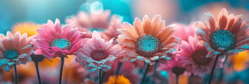 Pancarta de verano larga con flores de gerbera rosa. gypsophila alstroemeria colorida brillante closet libre illustration
