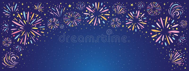 Pancarta festiva con fuegos artificiales coloridos en el cielo estrellado. fondo horizontal vector para fiesta navideña fiesta navideña cumpleaños día de independencia.