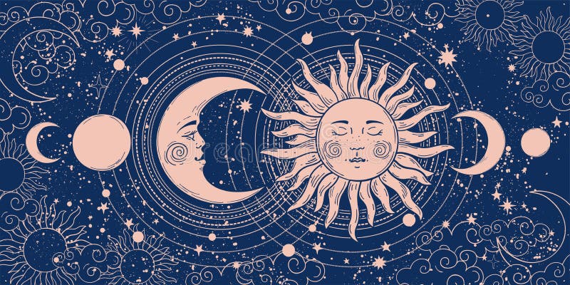 Pancarta mágica para el diseño de astrología tarot boho. arte del universo luna creciente y sol sobre fondo azul. esotérico