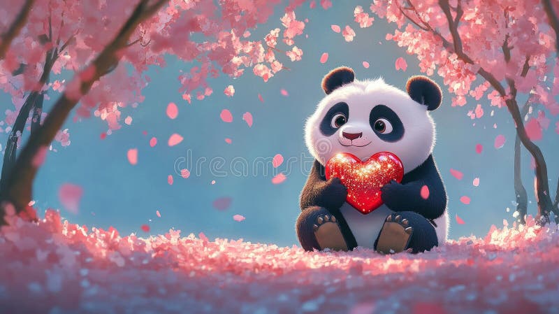 Panda adorabile con cuore in mezzo ai fiori di ciliegio illustrazione vettoriale