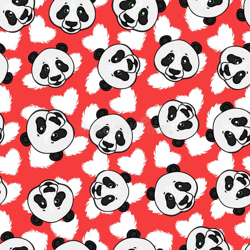 Panda bezszwowy wzór z sercem Wektorowa ręka rysująca ilustracja na czerwieni royalty ilustracja Panda bezszwowy wzór z sercem Wektorowa ręka rysująca ilustracja na czerwieni royalty ilustracja