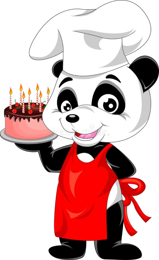 Poster Doodle panda cute cartoon happy birthday cake for decoration design.  Funny sweet vector bear with food icon. 