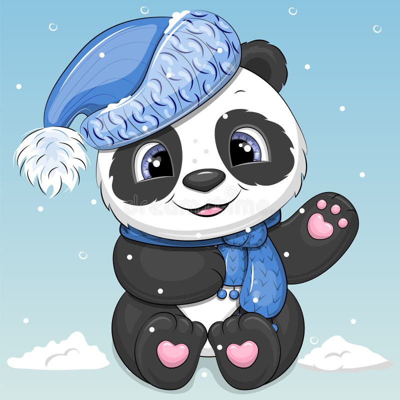 Panda De Dibujos Animados Adorables Con Sombrero De Invierno Azul Y  Bufanda. Ilustración del Vector - Ilustración de nieve, bufanda: 221267974