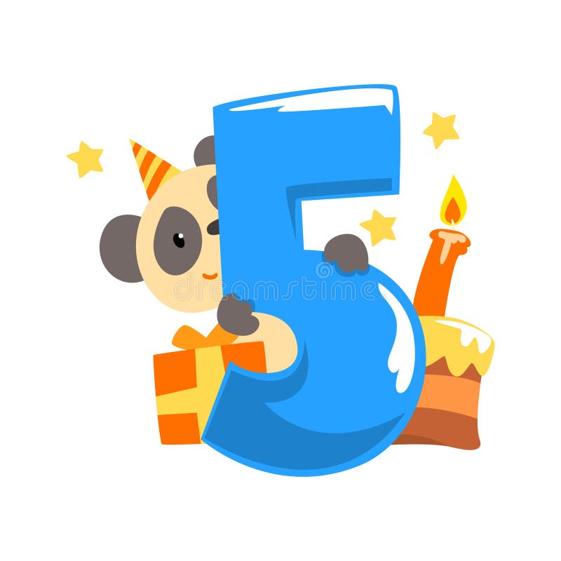 Panda doux dans le chapeau de partie et numéro cinq, joyeux anniversaire, nombre d'anniversaire avec le vecteur animal mignon de illustration stock Panda doux dans le chapeau de partie et numéro cinq, joyeux anniversaire, nombre d'anniversaire avec le vecteur animal mignon de illustration stock
