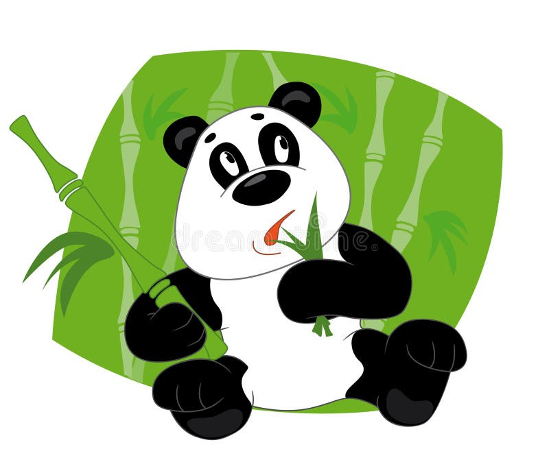 Cartoon Panda Eats Bamboo Branch. Little Funny Bear Panda Vector Image ...