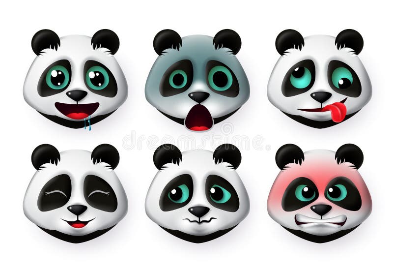 Panda emoticon or bear heads vector set. Pandas big bear face emojis in  hungry and angry expression for sign and symbols.