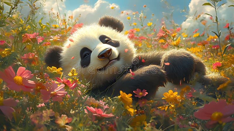 Panda felice cub che dorme tranquillamente in un vivace campo di fiori sotto un cielo soleggiato royalty illustrazione gratis