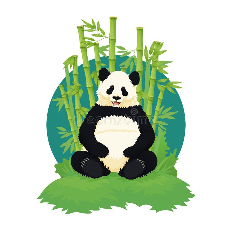 Panda gigante che si siede, rilassantesi e sorridente con gli alberi di bambù nei precedenti orso in bianco e nero Specie in peri illustrazione vettoriale Panda gigante che si siede, rilassantesi e sorridente con gli alberi di bambù nei precedenti orso in bianco e nero Specie in peri illustrazione vettoriale