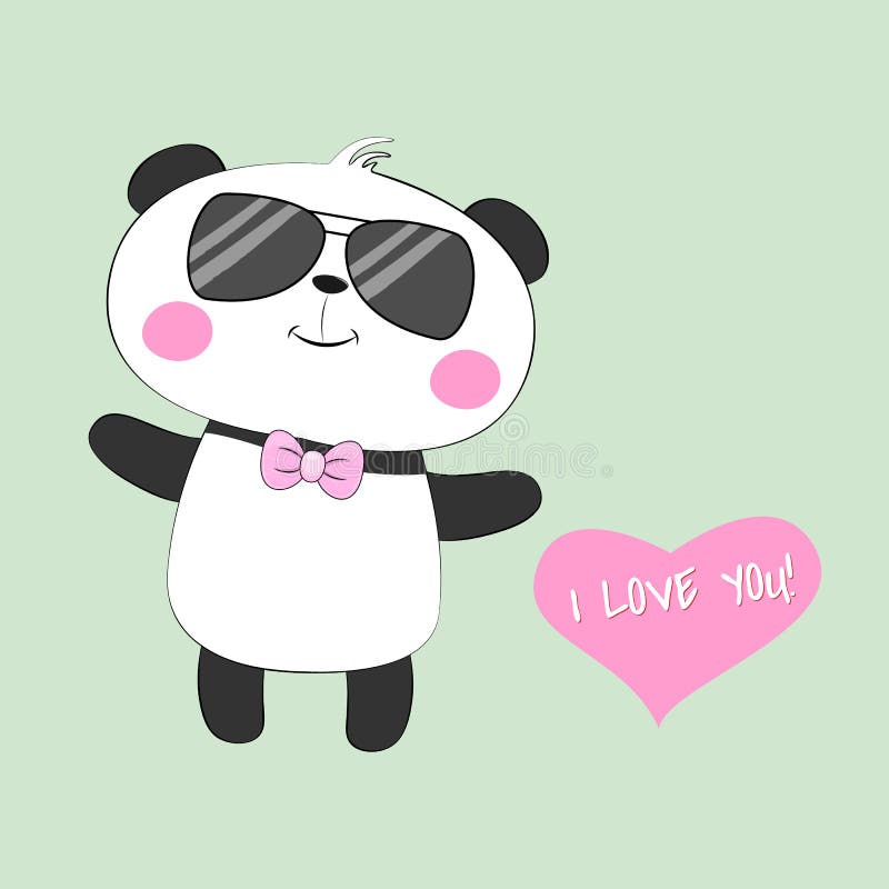 Panda mignon d'ours de bébé de carte de voeux avec des verres et une inscription je t'aime illustration libre de droits Panda mignon d'ours de bébé de carte de voeux avec des verres et une inscription je t'aime illustration libre de droits