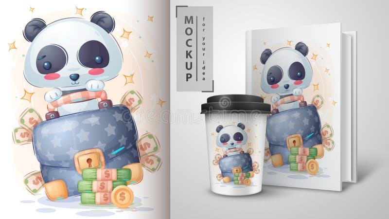 Panda with diplomat poster and merchandising. Vector eps 10. Panda with diplomat poster and merchandising. Vector eps 10