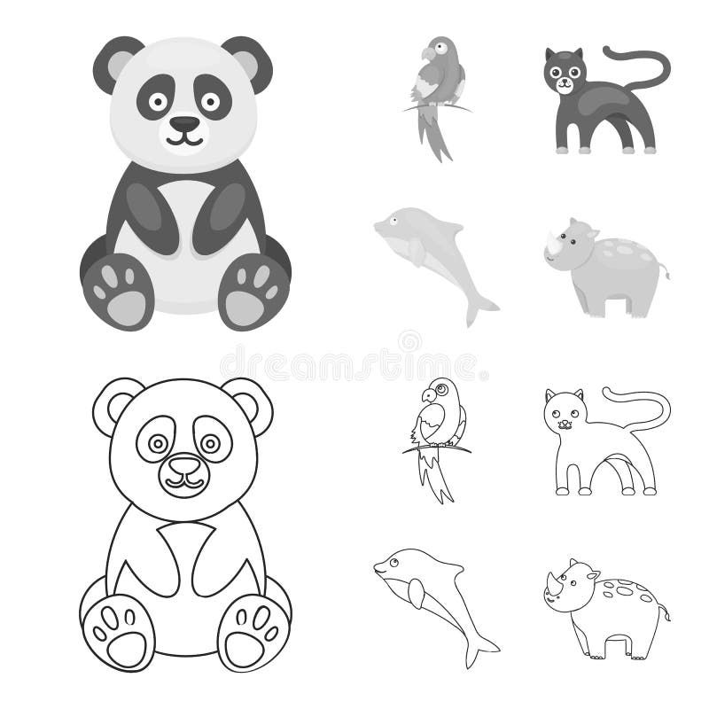 Panda popugay, pantera, delfin Zwierzę ustalone inkasowe ikony w konturze, monochromu symbolu zapasu stylowa wektorowa ilustracja ilustracji Panda popugay, pantera, delfin Zwierzę ustalone inkasowe ikony w konturze, monochromu symbolu zapasu stylowa wektorowa ilustracja ilustracji