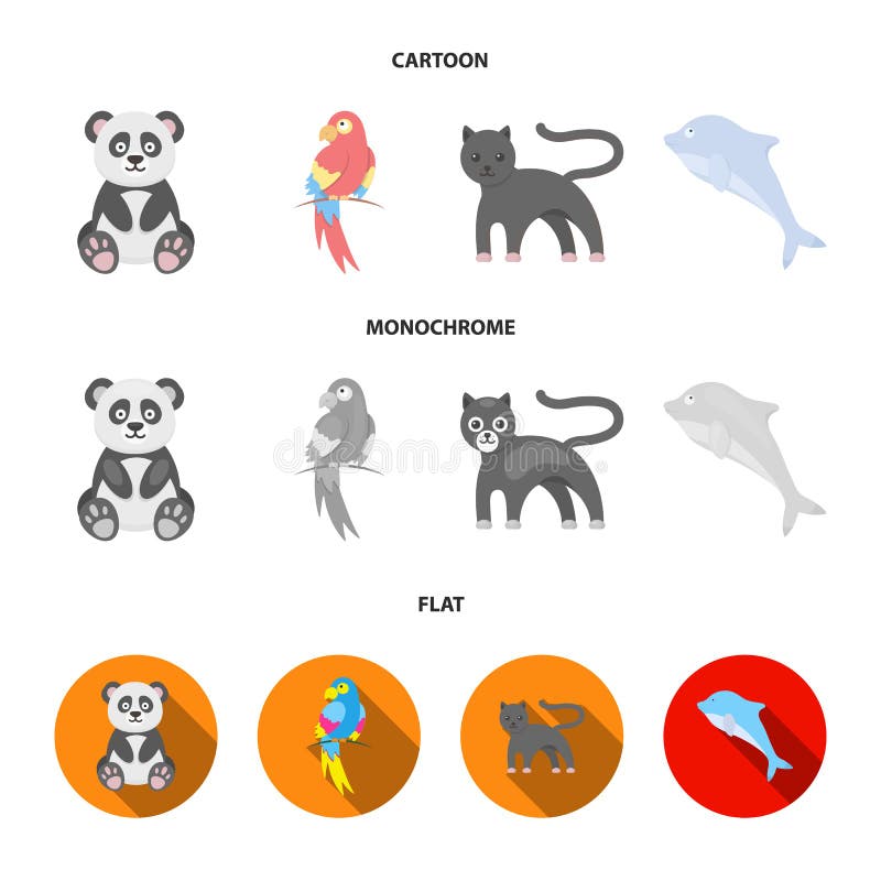 Panda popugay, pantera, delfin Zwierzę ustalone inkasowe ikony w kreskówce, mieszkanie, monochromu symbolu stylowy wektorowy zapa royalty ilustracja Panda popugay, pantera, delfin Zwierzę ustalone inkasowe ikony w kreskówce, mieszkanie, monochromu symbolu stylowy wektorowy zapa royalty ilustracja