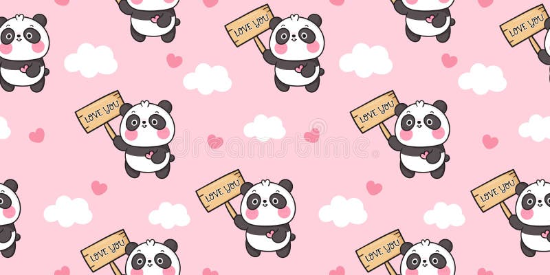 Panda seamless cute bear cartoon holding love you label kawaii background