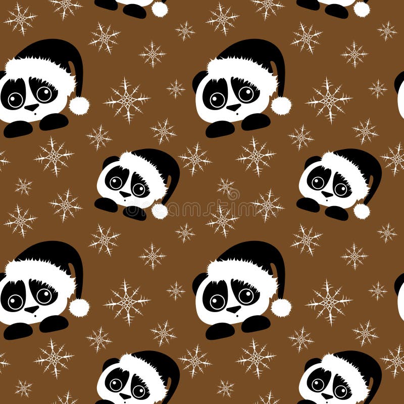 Panda z Santa nakrętki bezszwowym wzorem z płatek śniegu na brązu tle royalty ilustracja Panda z Santa nakrętki bezszwowym wzorem z płatek śniegu na brązu tle royalty ilustracja