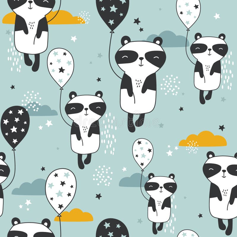 Pandas with air balloons, hand drawn background. Colorful seamless pattern with cute animals, stars, clouds