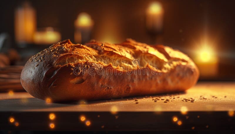 Pane al forno fresco su tavole di legno rustico generato dall'ai illustrazione vettoriale