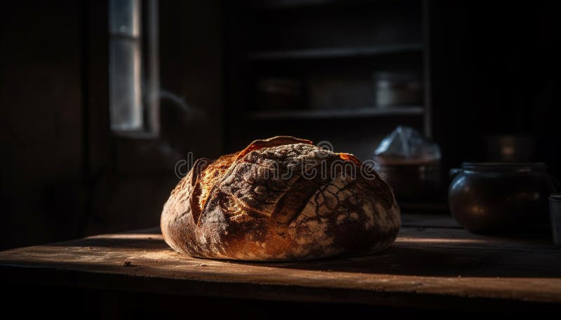 Pane al forno fresco su tavole di legno rustico generato dall'ai illustrazione di stock