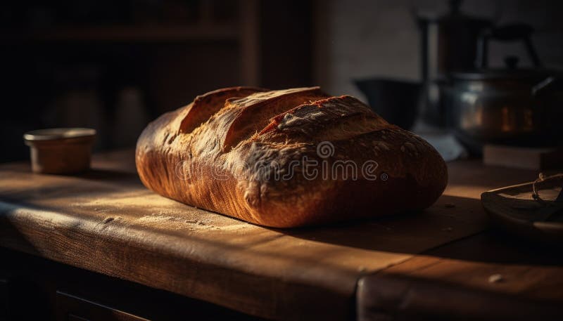 Pane al forno fresco su tavole di legno rustico generato dall'ai illustrazione vettoriale