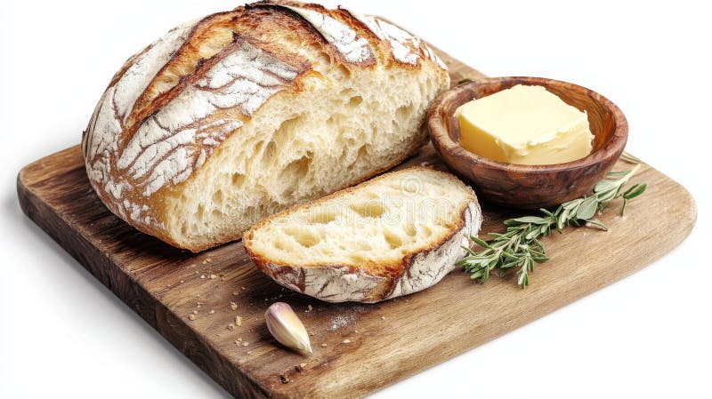 Pane al forno fresco su una tavola di legno con burro e erbe. Vi invita ad indulgere in cibo di conforto. Savor the immagine stock