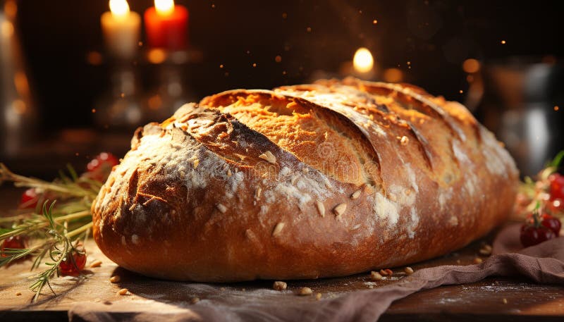 Pane appena cotto sul tavolo scuro un pasto di gourmet fatto in casa generato dall'ai royalty illustrazione gratis