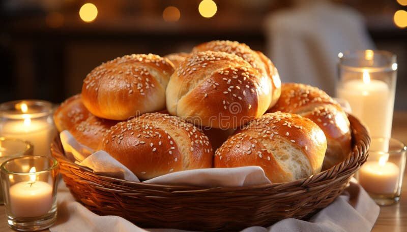 Pane appena sfornato a candela di legno illumina la farina di rustico generata dall'ai illustrazione di stock