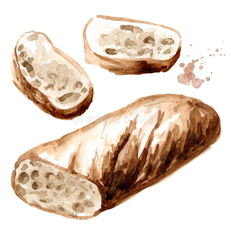 Pane di segala fresco a metà e a fette Illustrazione dell'acquerello disegnato a mano, isolata su fondo bianco royalty illustrazione gratis Pane di segala fresco a metà e a fette Illustrazione dell'acquerello disegnato a mano, isolata su fondo bianco royalty illustrazione gratis