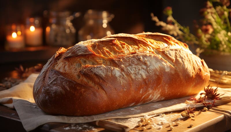 Pane fatto in casa appena cotto su un tavolo di legno rustico generato dall'ai royalty illustrazione gratis