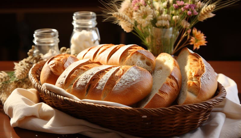 Pane fatto in casa appena cotto su un tavolo di legno rustico generato dall'ai royalty illustrazione gratis