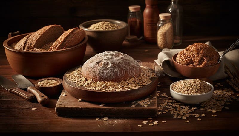 Pane fatto in casa appena sfornato sul tavolo contagioso generato dall'ai illustrazione di stock