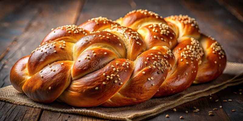 Pane intrecciato marrone d'oro cosparso di semi di sesamo che poggia su fondo di legno rustico rustico. Generative AI illustrazione di stock