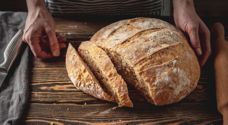 Pane naturale fatto in casa con una crosta dorata su un tovagliolo su un vecchio sfondo di legno. prodotti di panetteria. stile ru fotografie stock libere da diritti