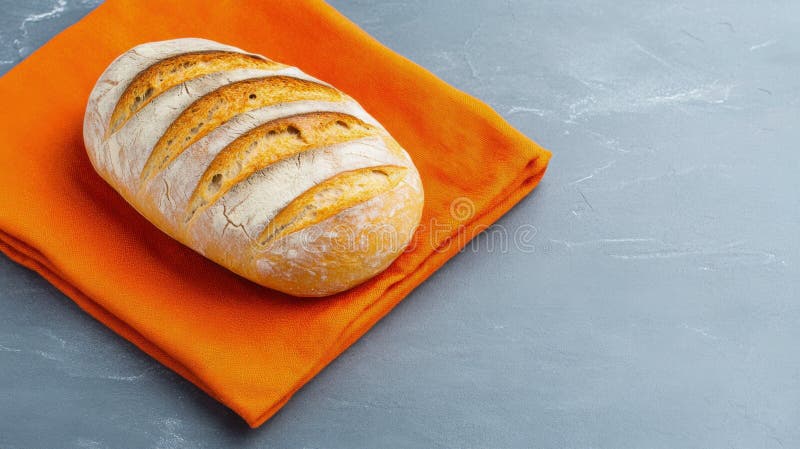 Pane rustico di pane appena sfornato esposto su un tovagliolo arancione vibrante in una cucina accogliente. Un pane rustico, realizzato in modo splendido, si trova sopra un tovagliolo arancione che mostra la sua crosta dorata e invita la consistenza in un'atmosfera calda in cucina. prodotto a base di