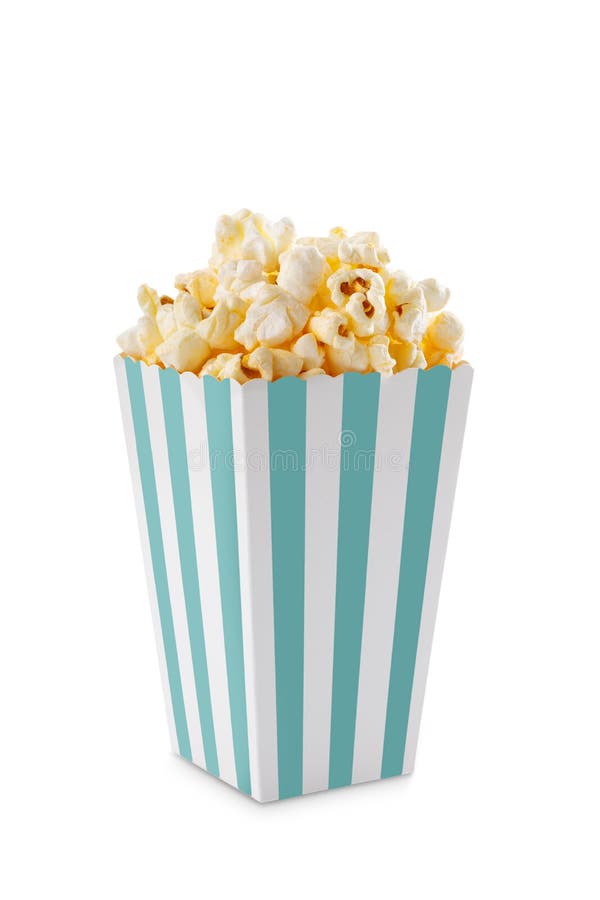 Panello di cartone a strisce di turchese con formaggio di formaggio di popcorn isolato su fondo bianco fotografie stock libere da diritti