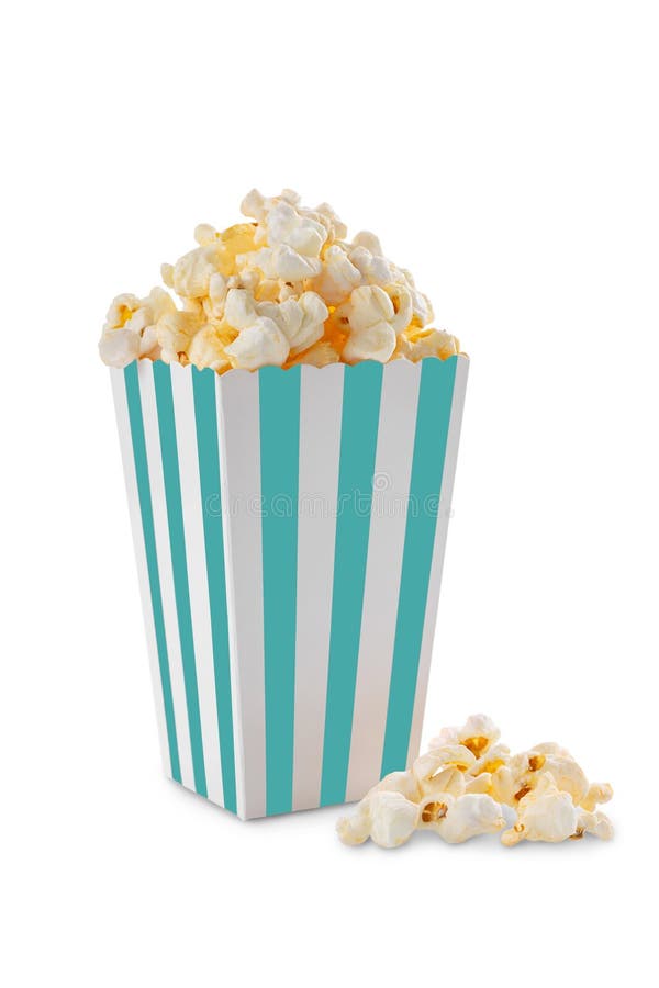 Panello di cartone a strisce di turchese con formaggio di formaggio di popcorn isolato su fondo bianco fotografie stock