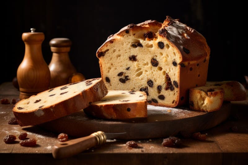 Panettone bakery food on wooden board. Generate Ai royalty free stock images