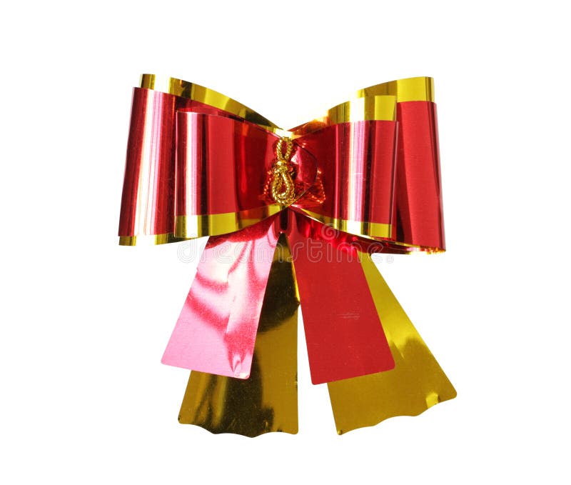 Panglică lucioasă, arcuță roșie, aurie, izolată pe un traseu alb de tăiere royalty free stock image